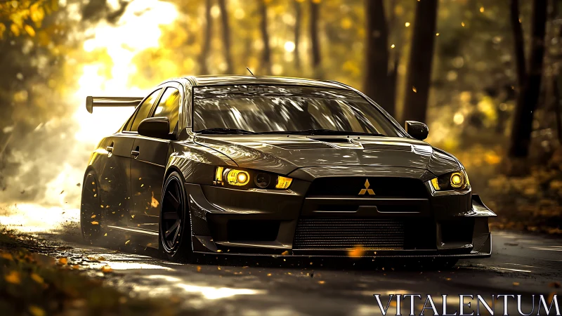 Golden-hour Mitsubishi Evo glides through a glowing forest lane