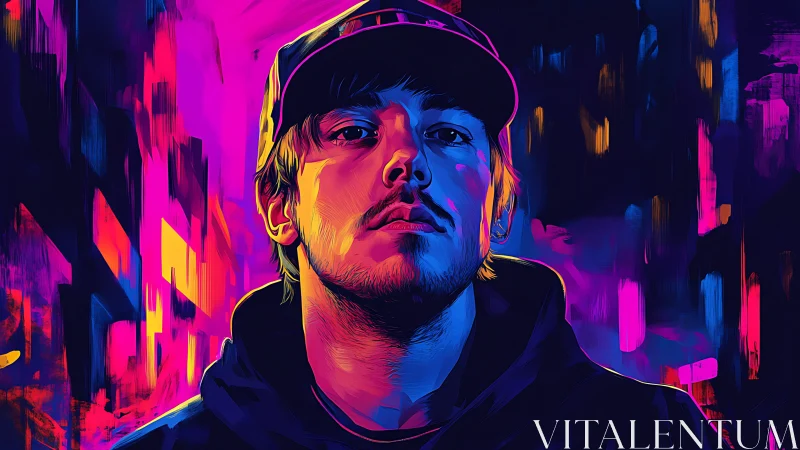 Digital portrait shows hooded figure in neon urban setting