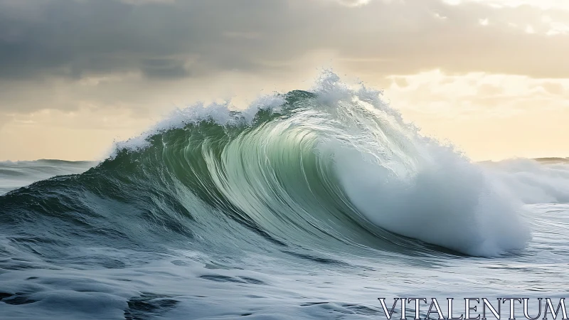 Glowing ocean wave curling under a calm golden sky.