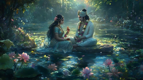 Divine couple rests on lotus pond rock under dappled forest light
