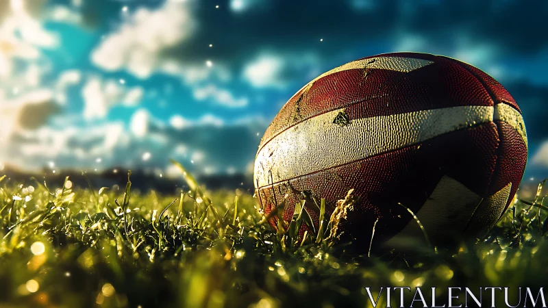 Photorealistic low-angle rugby ball on dewy field at dawn.