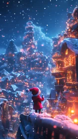 Child in red coat under glowing snowy Christmas village