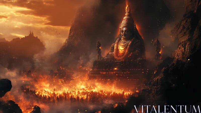 Colossal fiery deity statue dominates burning mountain valley