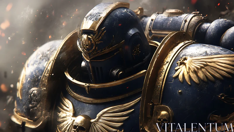 Armored cerulean supersoldier in baroque power armor closeup