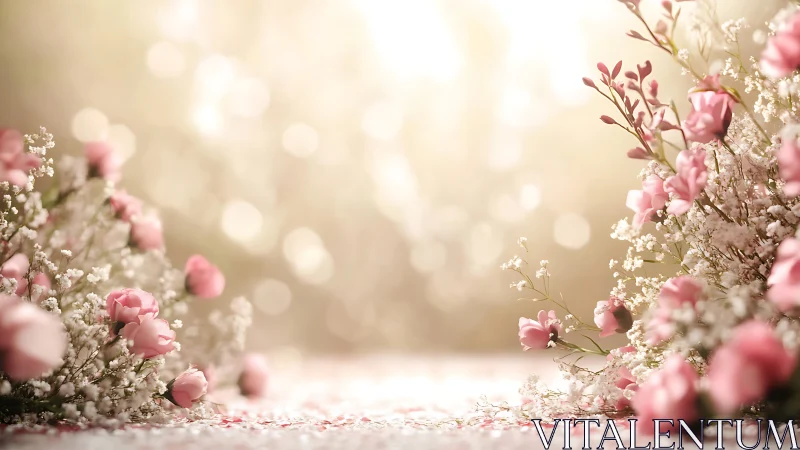 Soft floral arrangement with pink blooms and white baby's breath.