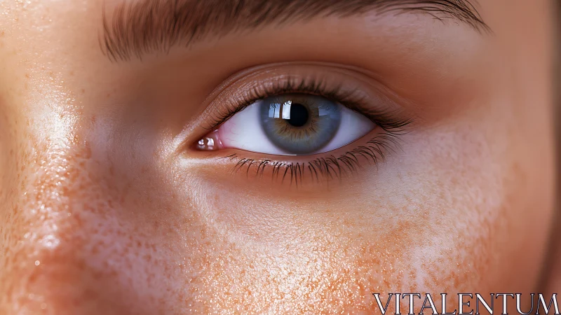 Close-up rendering of human eye with skin texture detail.