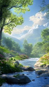 Sunlit alpine river valley with florals and distant peaks.