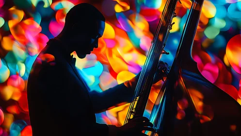 Silhouette of double bass musician against multicolored bokeh.