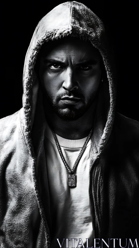 Intense hooded man in high contrast monochrome portrait.