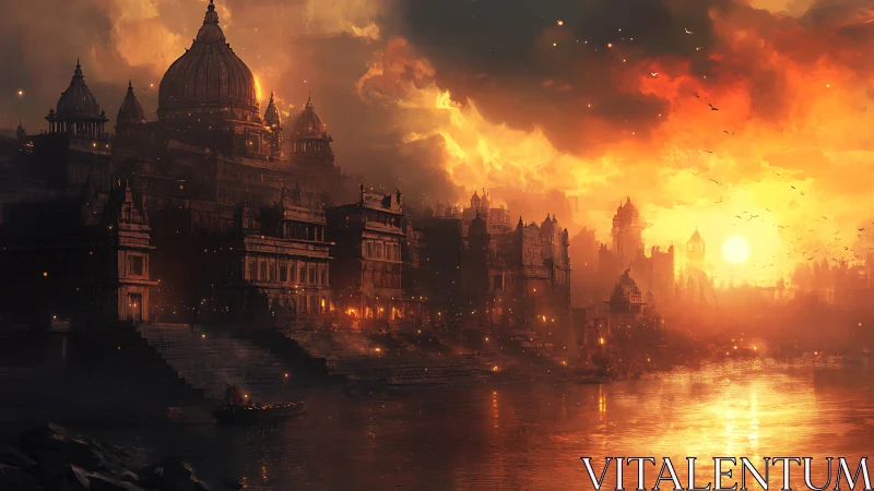 Sunlit river citadel under blazing apocalyptic sky.