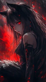Dark-haired fox girl with red eyes in fiery red light.