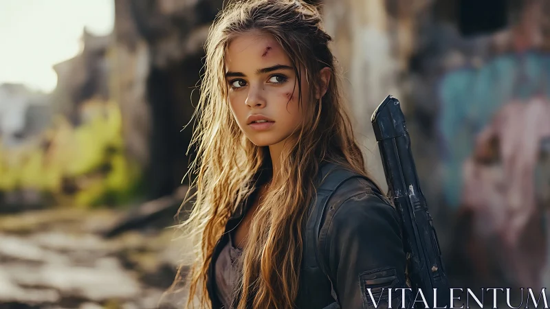 Battle-worn young survivor stands armed in ruined urban zone
