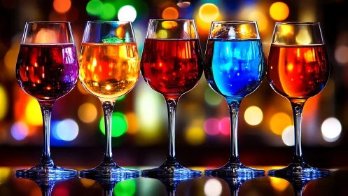 Colorful cocktail glasses against vivid bokeh lights.