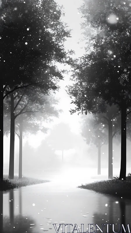 Quiet misty forest path with soft falling snow at dawn.