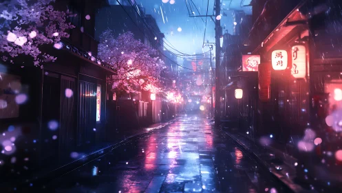 Rainy cherry blossom street glows with gentle neon warmth
