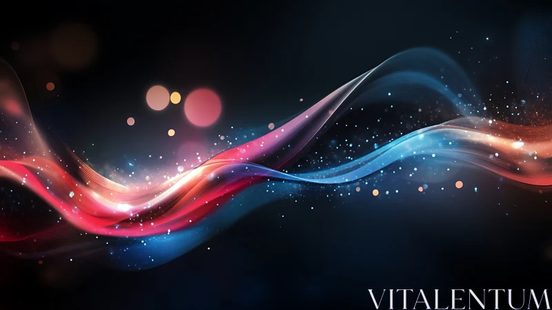 Colorful light waves with sparkling particles on dark background.