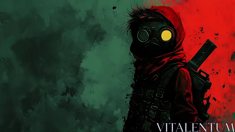 Hooded wasteland scout with glowing goggles in split hues.