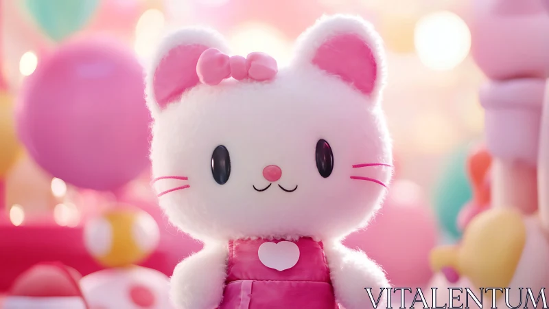 Kawaii white kitten character with pink bow in dreamy pastel setting.
