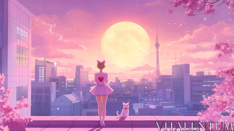 Girl and cat observe pink city skyline under giant moon