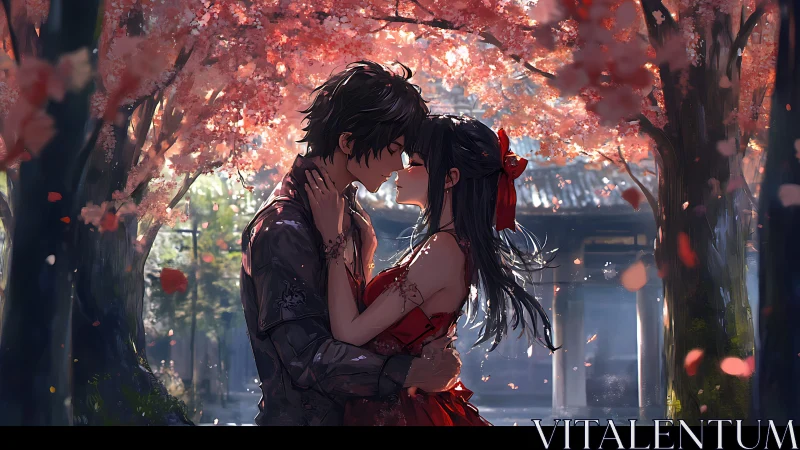 Couple kisses under pink blossom trees in soft evening light