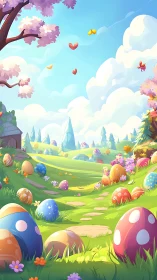 Pastel valley of spotted Easter dreams under candy skies.