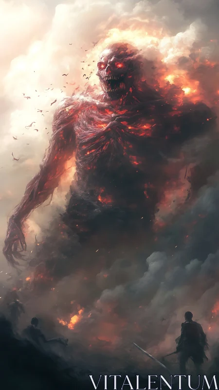 fiery giant rises from storm clouds before brave heroes.