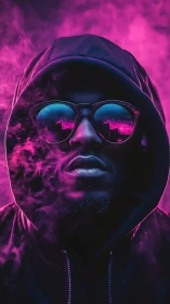 Neon hooded enigma in violet smoke and mirrored night shades.