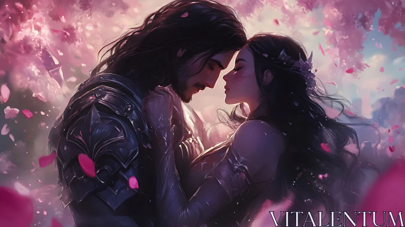 Intimate Portrait of Two Armored Figures in Ethereal Pink Particle Environment.