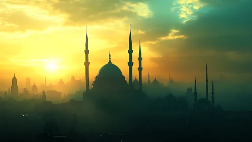 Sunrise silhouettes a misty mosque skyline in teal haze