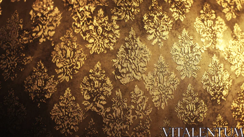 Golden damask pattern shimmers in warm ambient light.