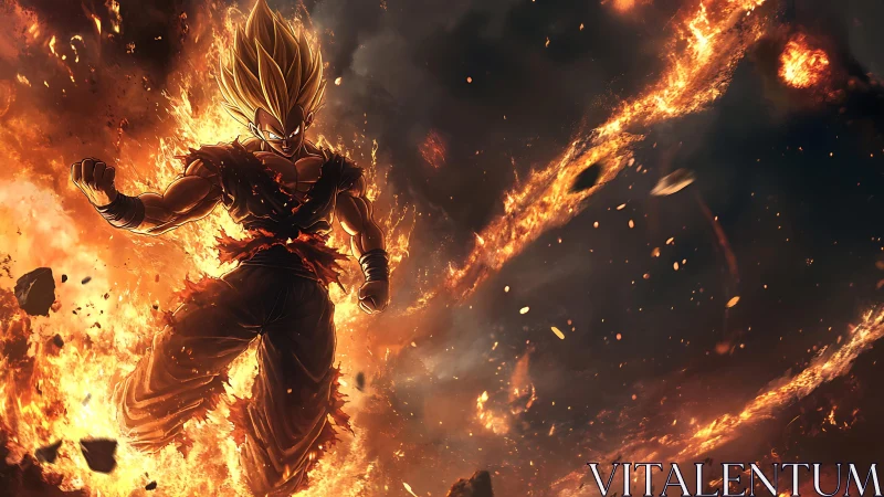 Superpowered warrior stands in flames and swirling firestorm.