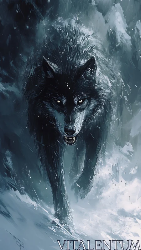 Predatory black wolf advances through blizzard in dynamic motion