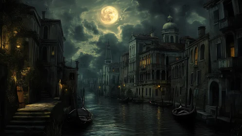 Moonlit gothic canal city under storm-laden sky at night.