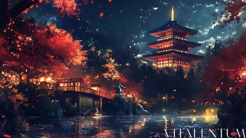 Nocturnal pagoda illumination over autumnal lakeside bridge.