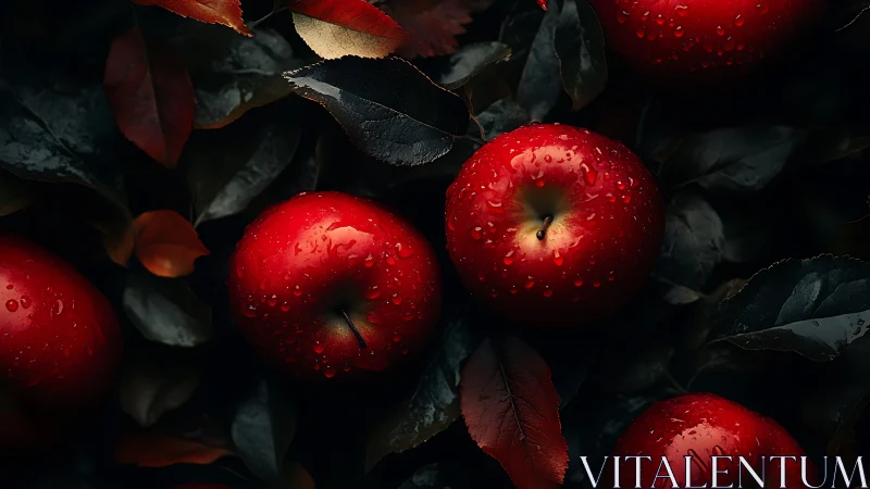 Dusky orchard jewels, scarlet apples in quiet rainlight.