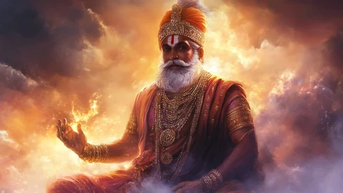 Radiant sage in celestial clouds embodies divine serenity.