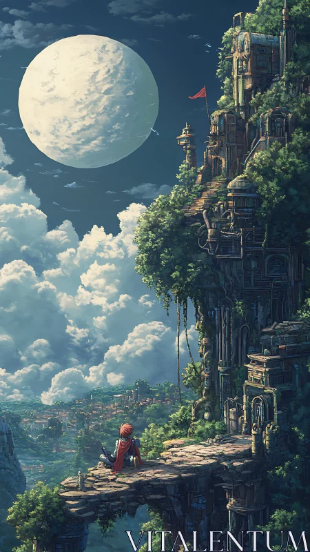 Solitary wanderer rests beneath an enormous moonlit sky