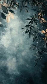 Muted foliage frames textured teal atmospheric background