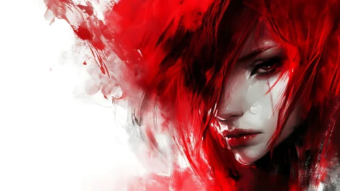 Scarlet-haired muse dissolving into explosive crimson strokes.