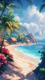 Tropical beach landscape with architectural structures on coastal terrain.