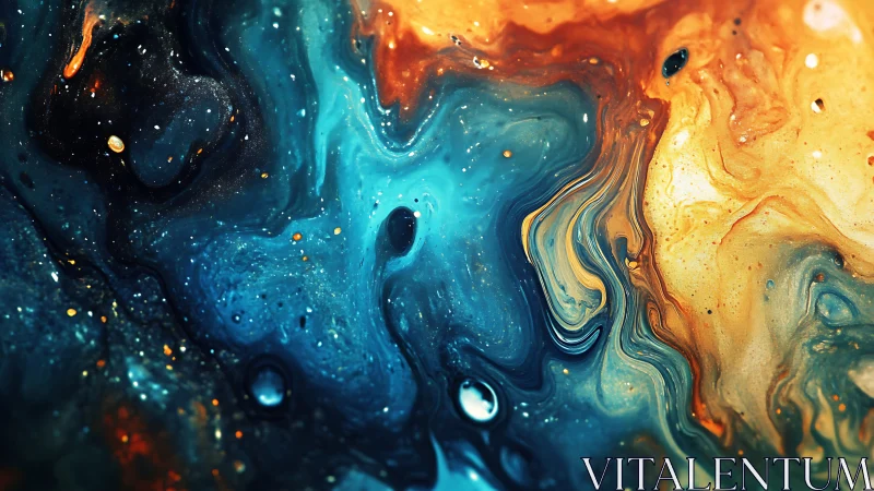 Macro fluid dynamics in teal and amber pigment turbulence