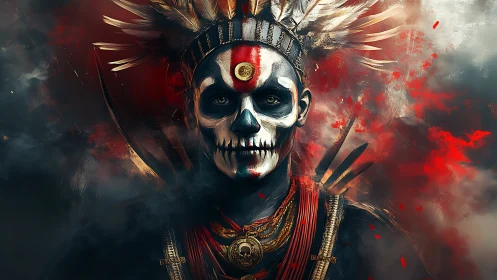 Warrior in skull makeup with feathers and red smoke.