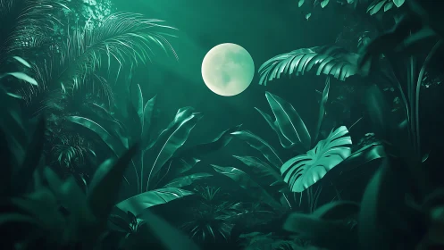 Monochrome teal moonlit jungle canopy with dense tropical foliage