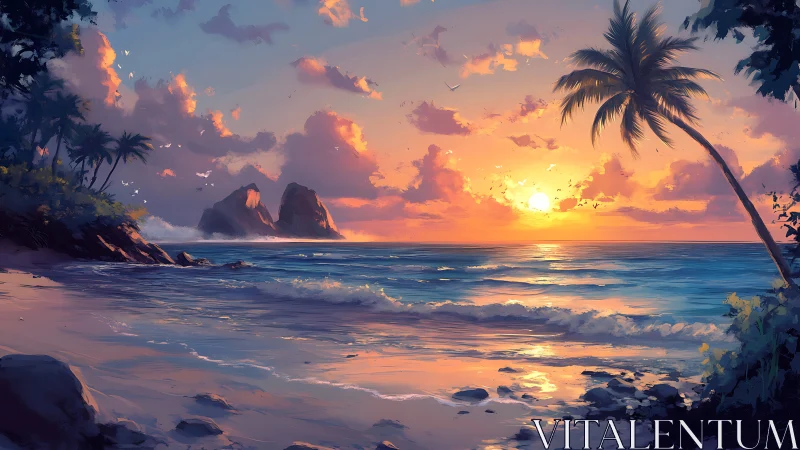 Golden sunset paints a gentle tropical shoreline in light