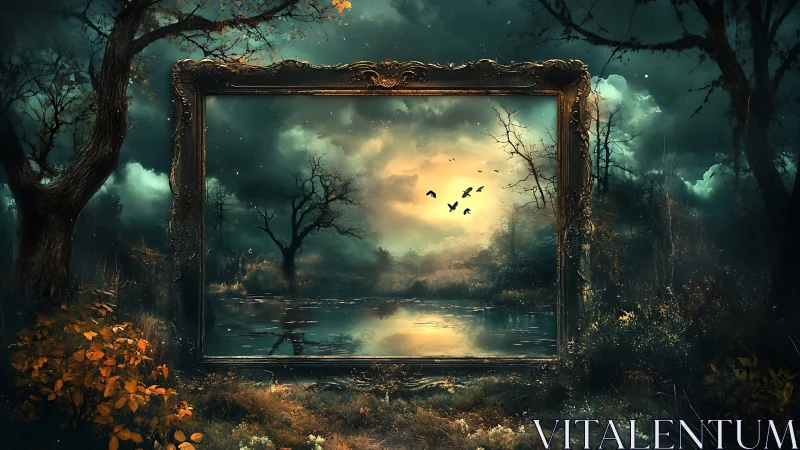Ornate frame encloses glowing lake scene in dark forest