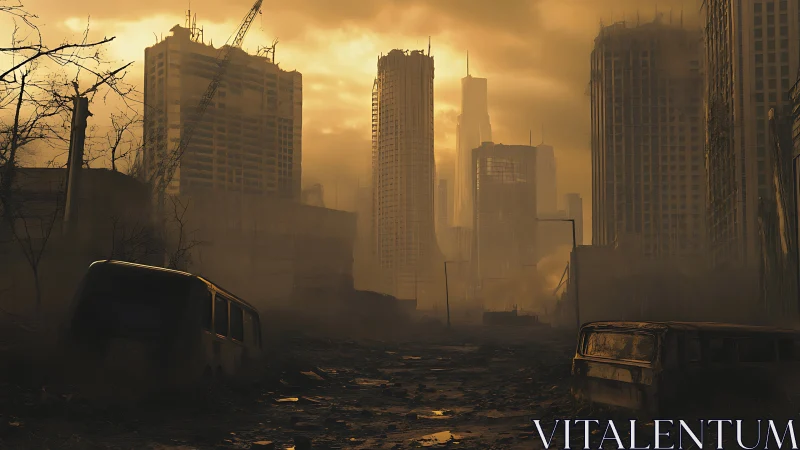 Post apocalyptic city street with ruined high rises.