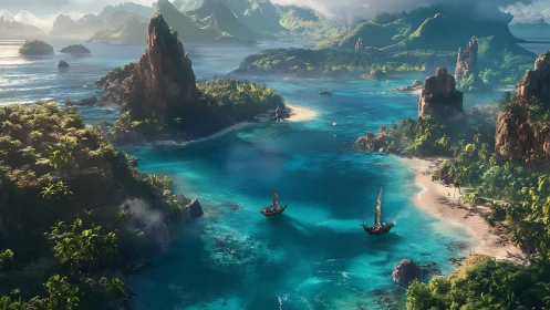 Tropical Island Bay with Ancient Ships and Limestone Cliffs.