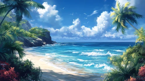 Tropical Coastal Seascape with Palm-Framed Beach and Dynamic Cloud Formation