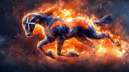 Flaming galloping horse rendered with dynamic particle combustion effects