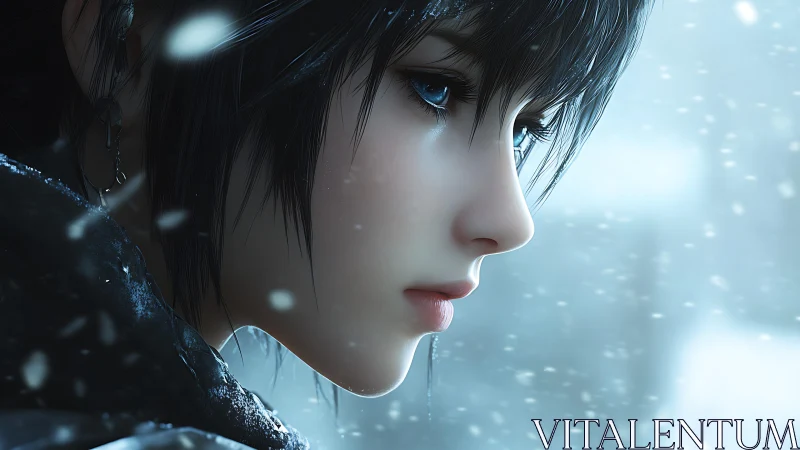 Snowlit gaze of a blue eyed wanderer in quiet winter hush.